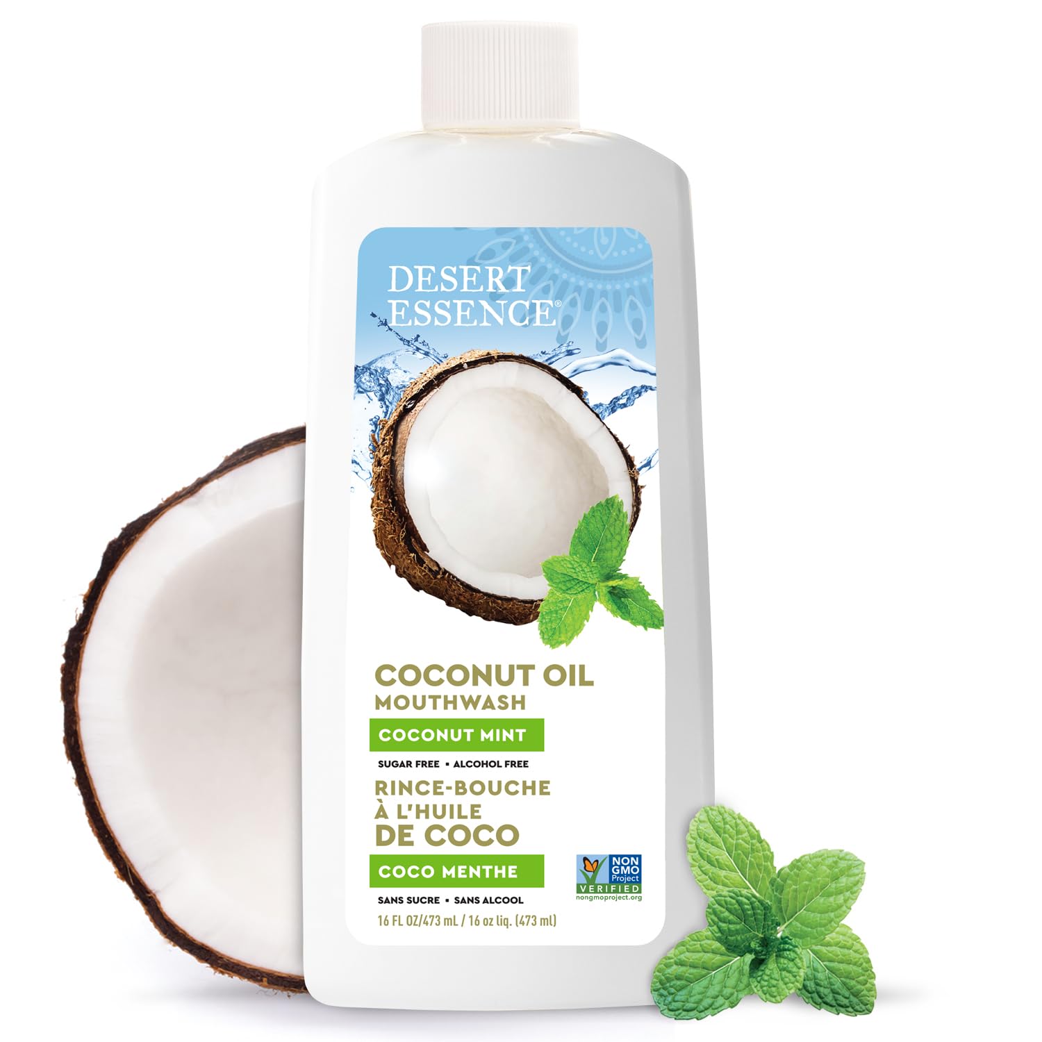 Desert Essence Enjuague Bucal de Coco, botella lista para uso diario.