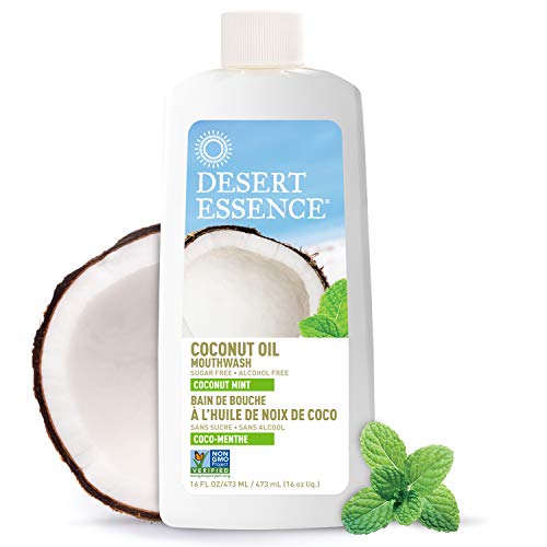 Enjuague bucal de coco y menta de Desert Essence, sabor suave para aliento fresco.