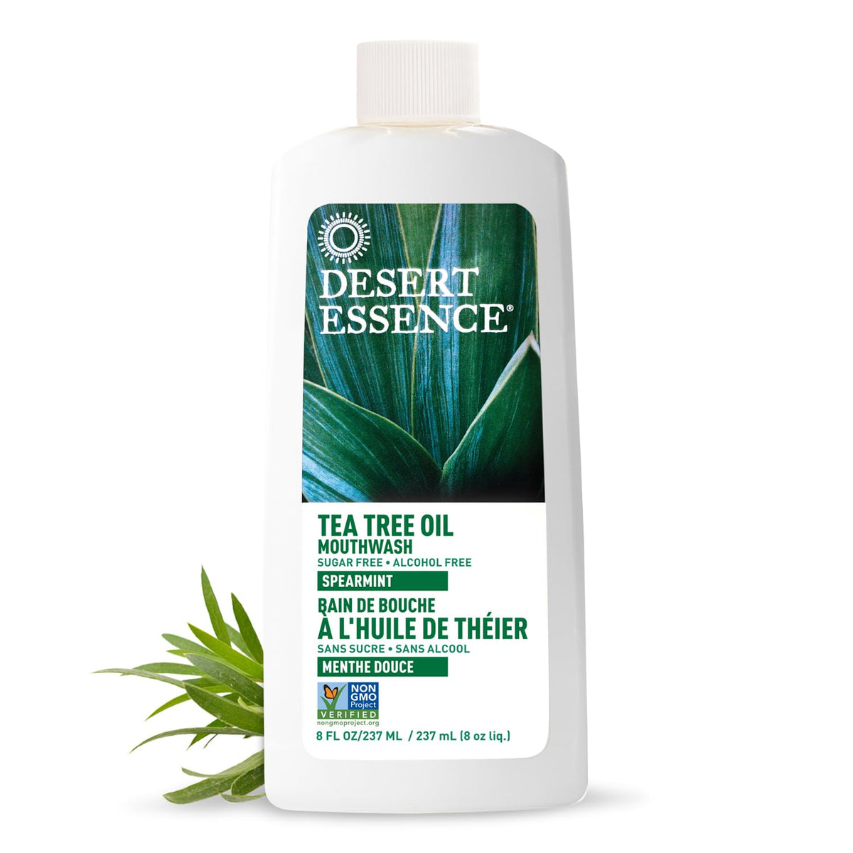 Desert Essence enjuague bucal sin alcohol en botella para uso diario.