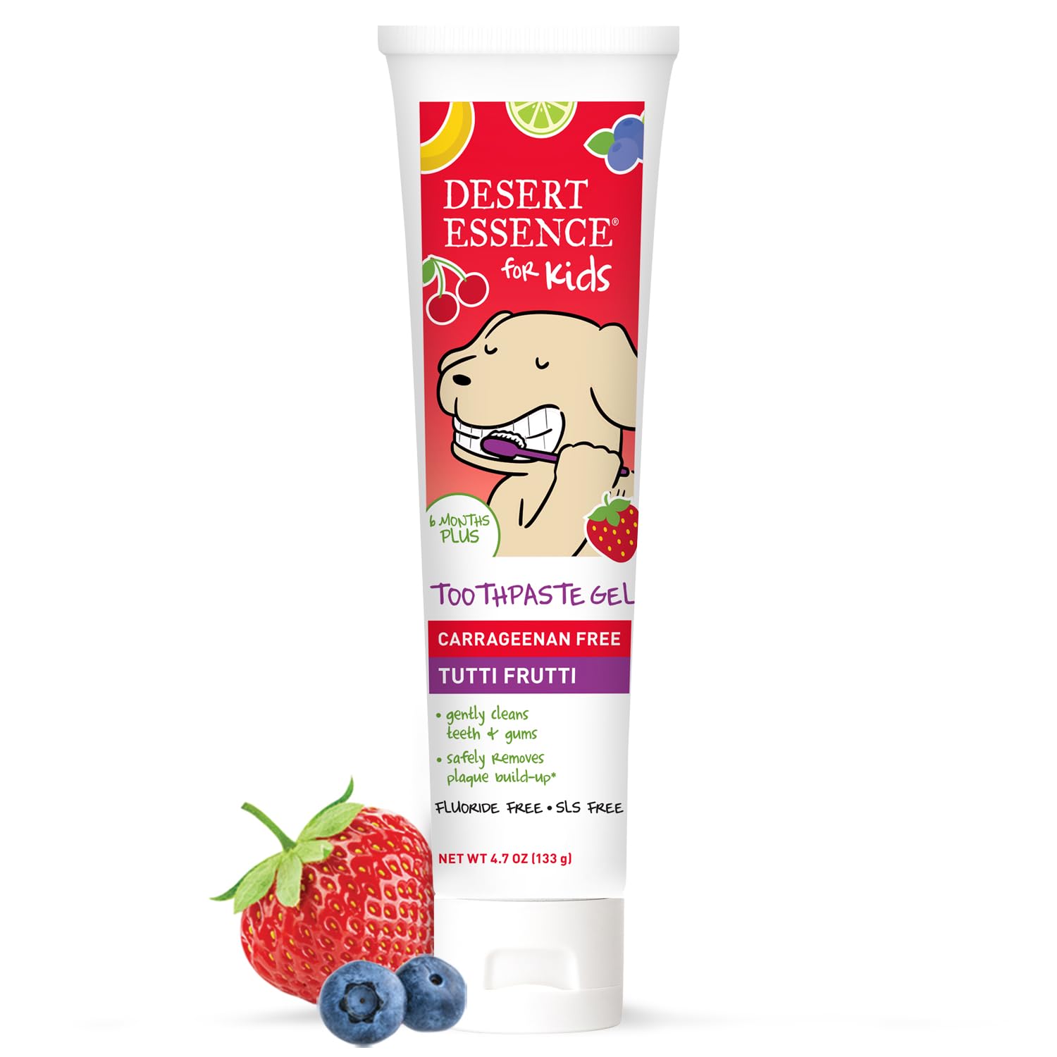Desert Essence gel dental para niños Tutti Frutti, sabor agradable para cepillado diario.