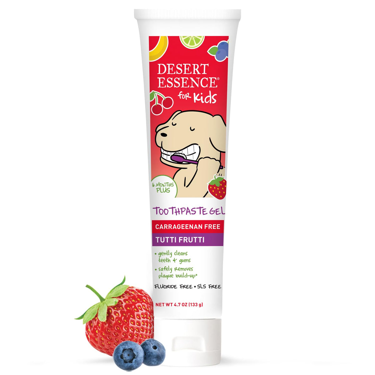 Desert Essence gel dental para niños Tutti Frutti, sabor agradable para cepillado diario.
