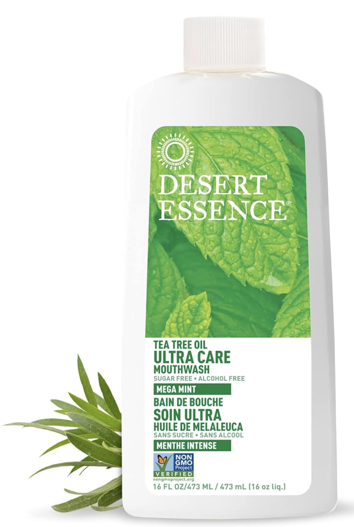 Desert Essence Mega Menta enjuague bucal en botella para uso diario y aliento fresco.