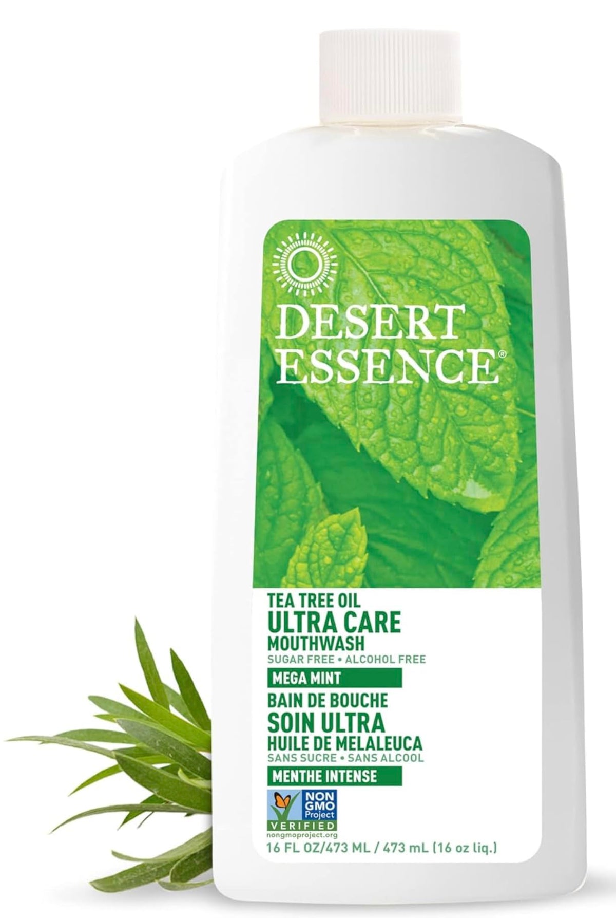 Desert Essence Mega Menta enjuague bucal en botella para uso diario y aliento fresco.