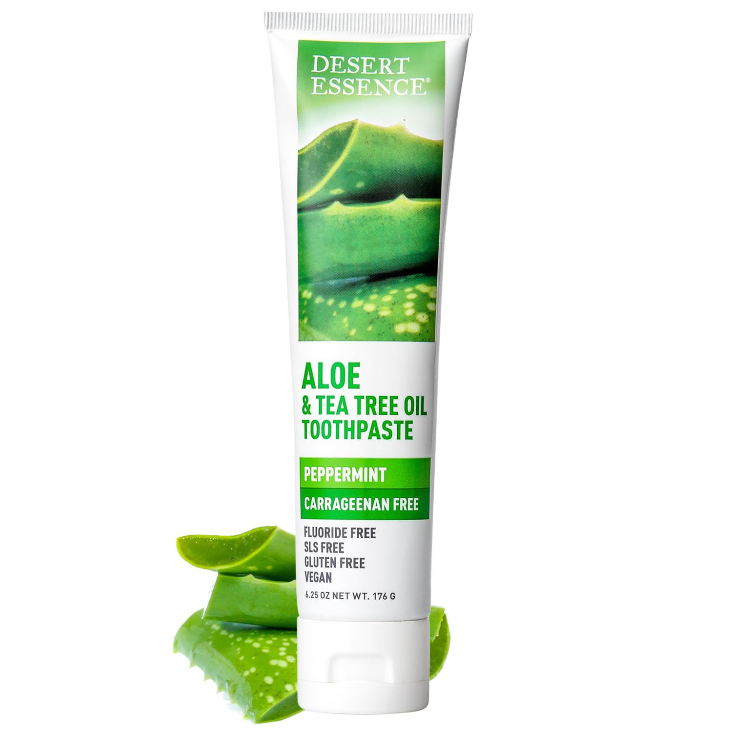 Desert Essence Aloe & Tea Tree Toothpaste con aloe y árbol de té para encías sensibles.