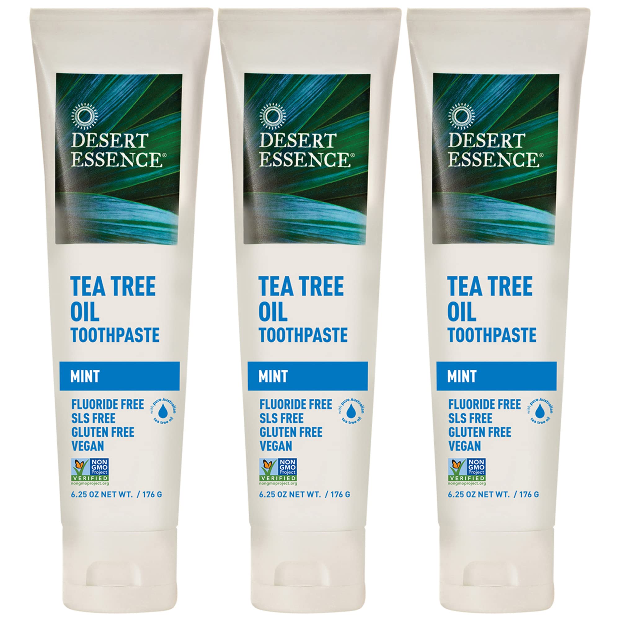Desert Essence pasta dental arbol de te mentha, empaque para uso diario, aliento fresco.