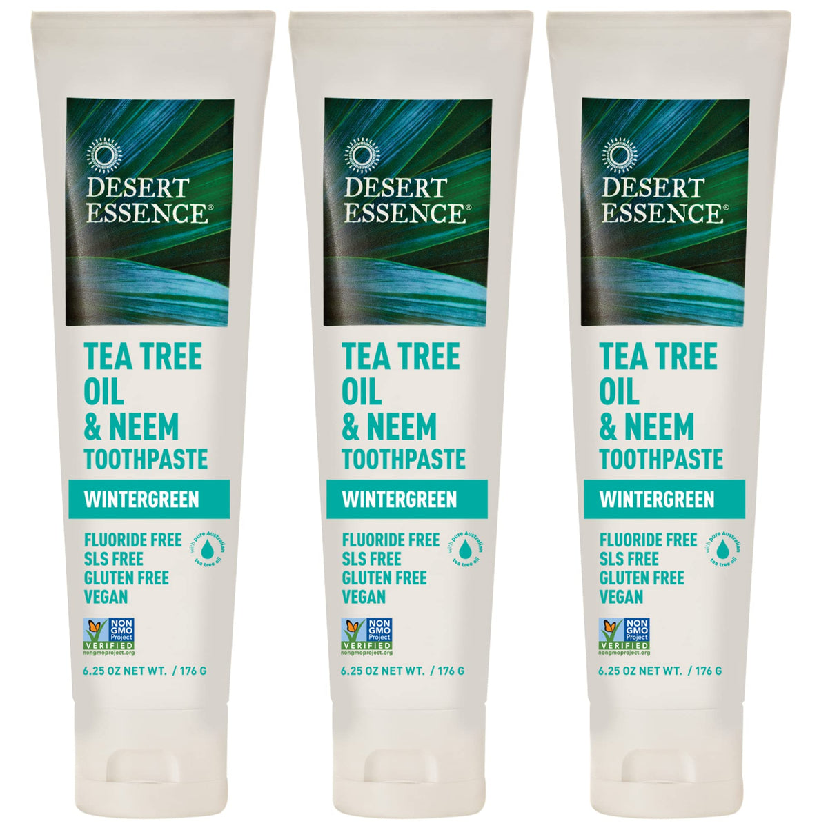 Pasta dental Desert Essence en tubo con árbol de té y neem para uso diario.