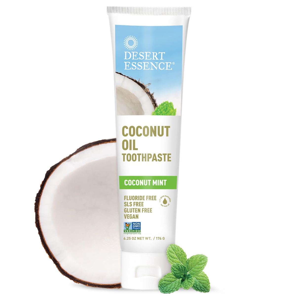 Desert Essence pasta dental árbol de té coco menta, tubo para cepillado diario.
