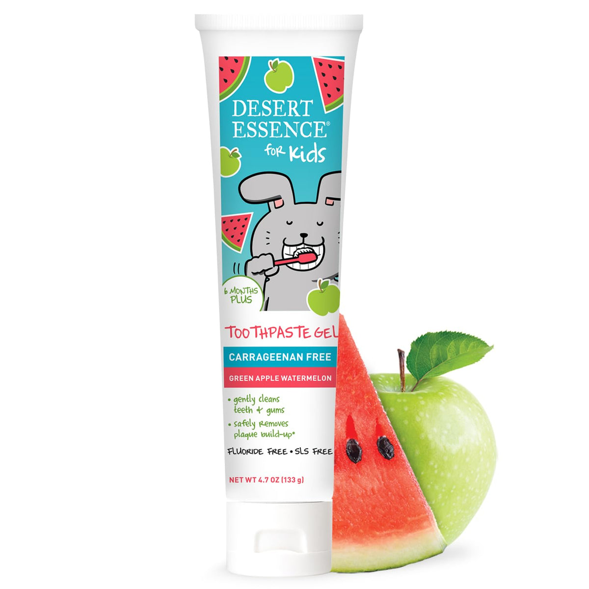 Pasta dental infantil Desert Essence con empaque de manzana verde y sandía, sabor agradable para brushing.