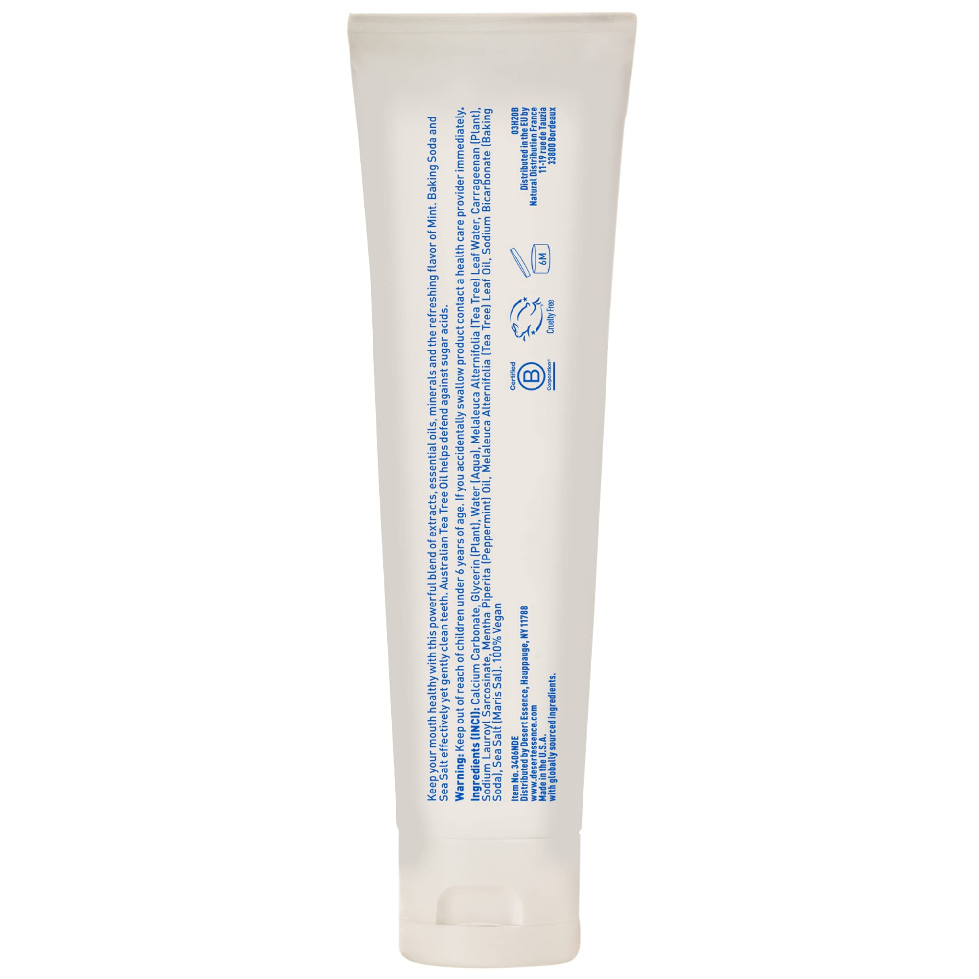 Desert Essence pasta dental sin fluoruro, etiqueta clara para familia.