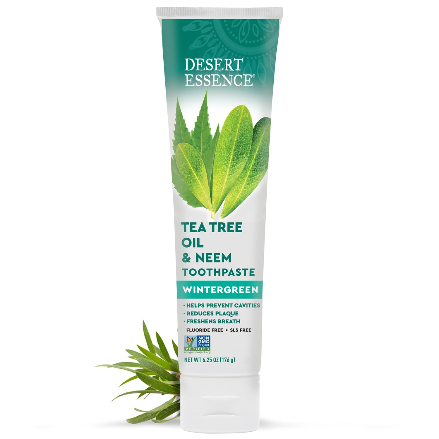 Desert Essence Pasta Dental, tubo de 6.25 oz, lista para uso diario.
