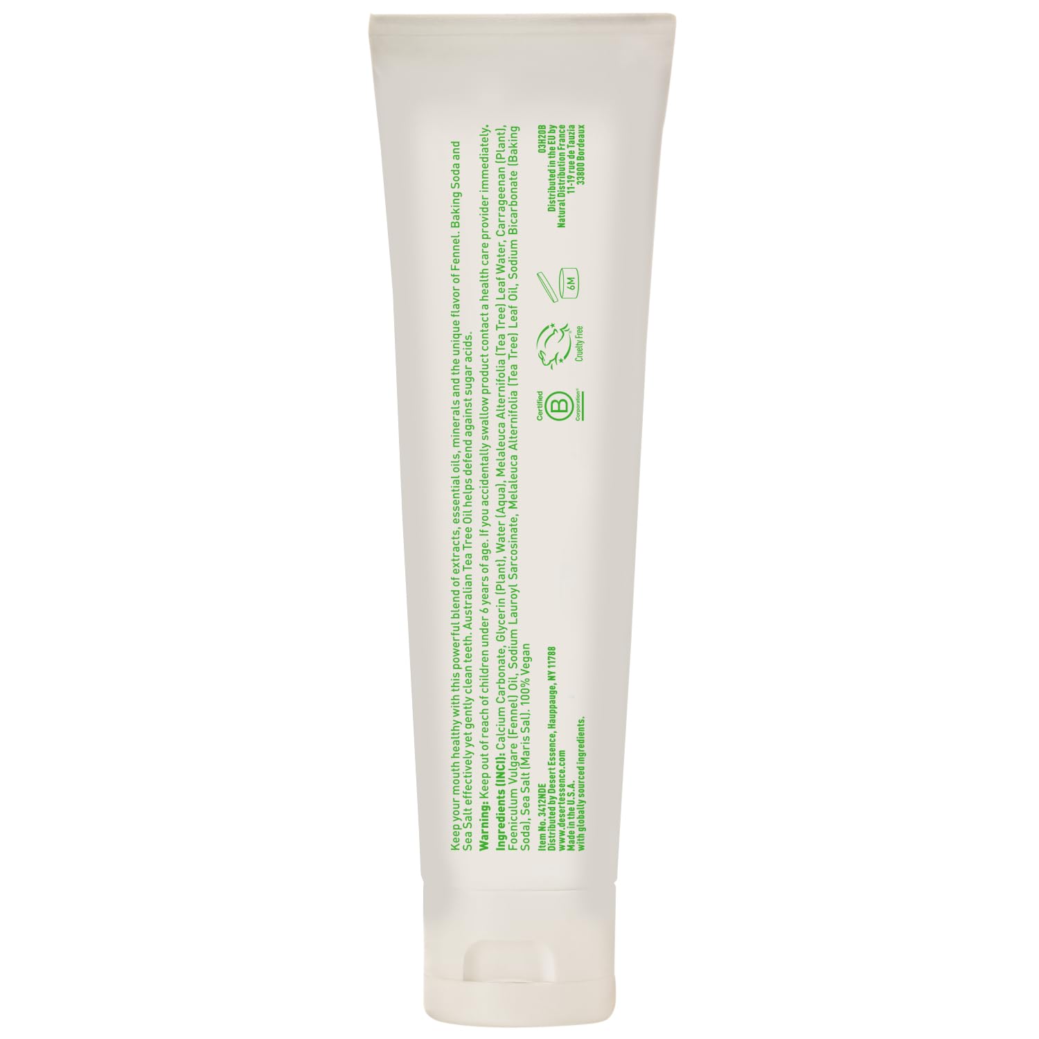 Desert Essence Etiqueta verde, ingredientes naturales, experiencia fresca.