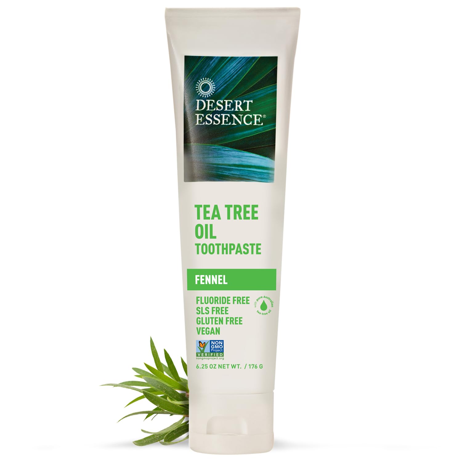 Desert Essence Pasta de Dientes Tea Tree Oil & Fennel, botella, aliento fresco.