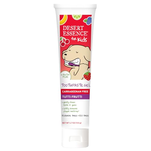 Desert Essence tubo gel dental para niños Tutti Frutti, práctico para usar en casa.