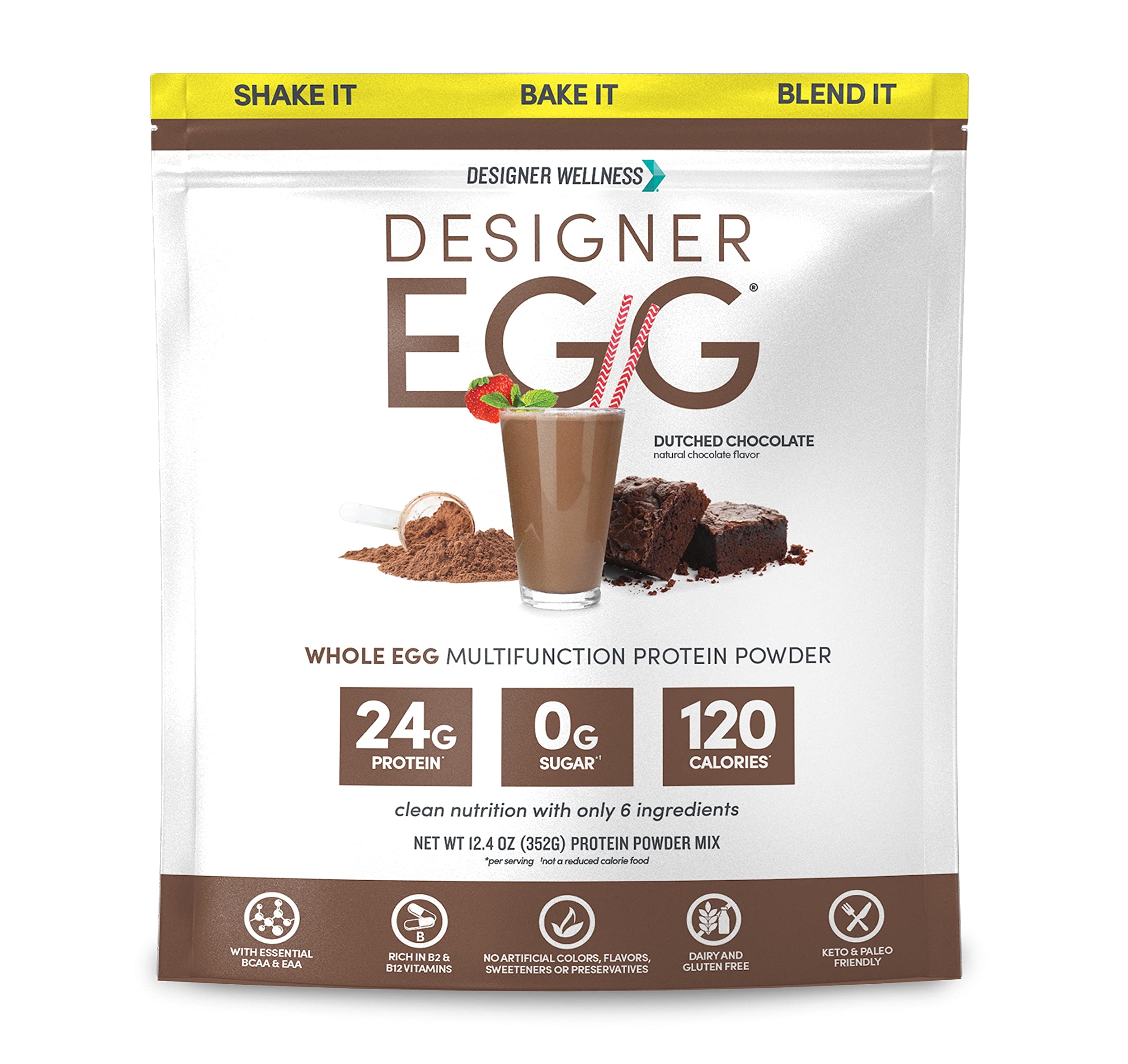 Envase de Designer Wellness Designer Egg mostrando proteína de huevo de alta calidad para batidos.