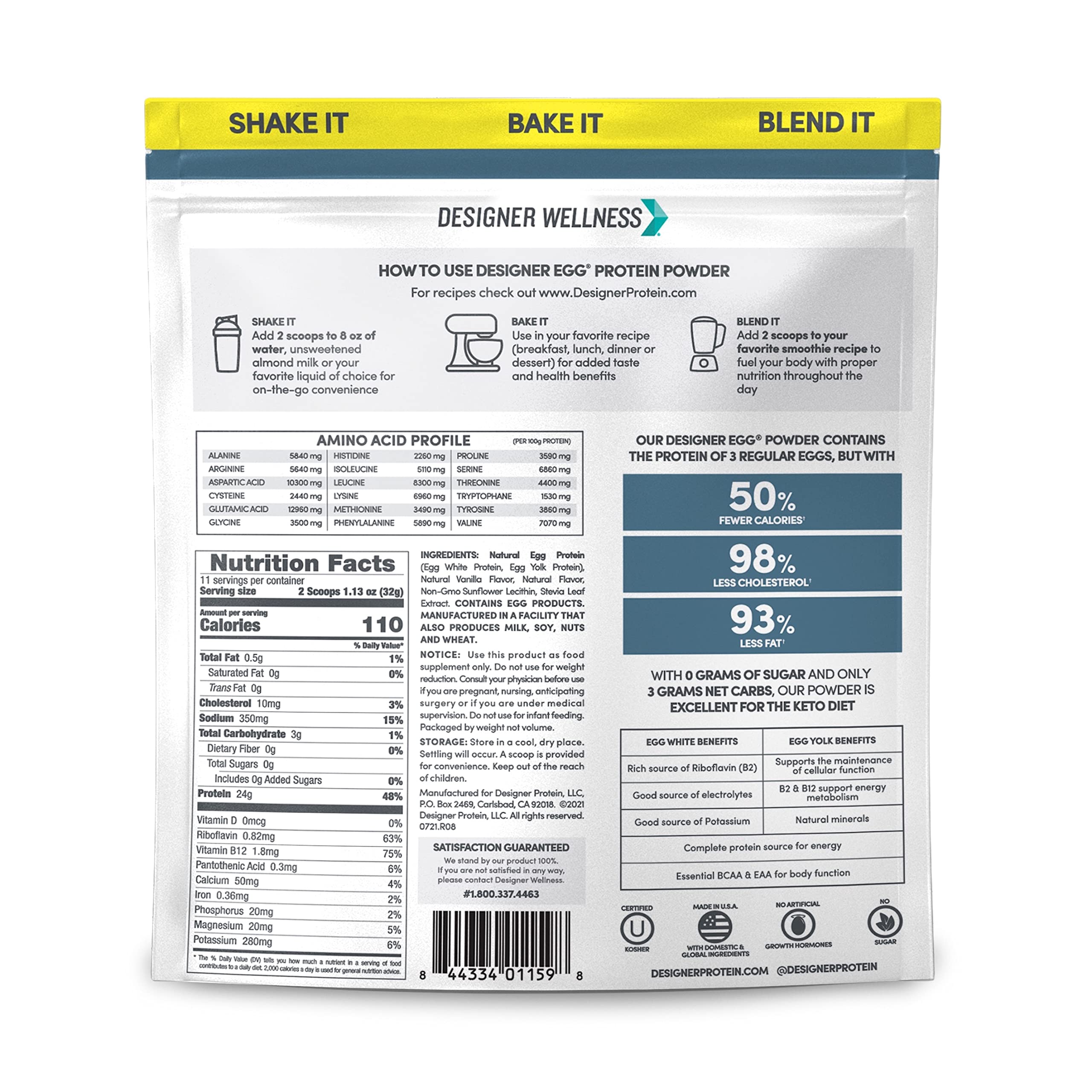 Designer Wellness tarro de proteína de huevo con vainilla para desayunos