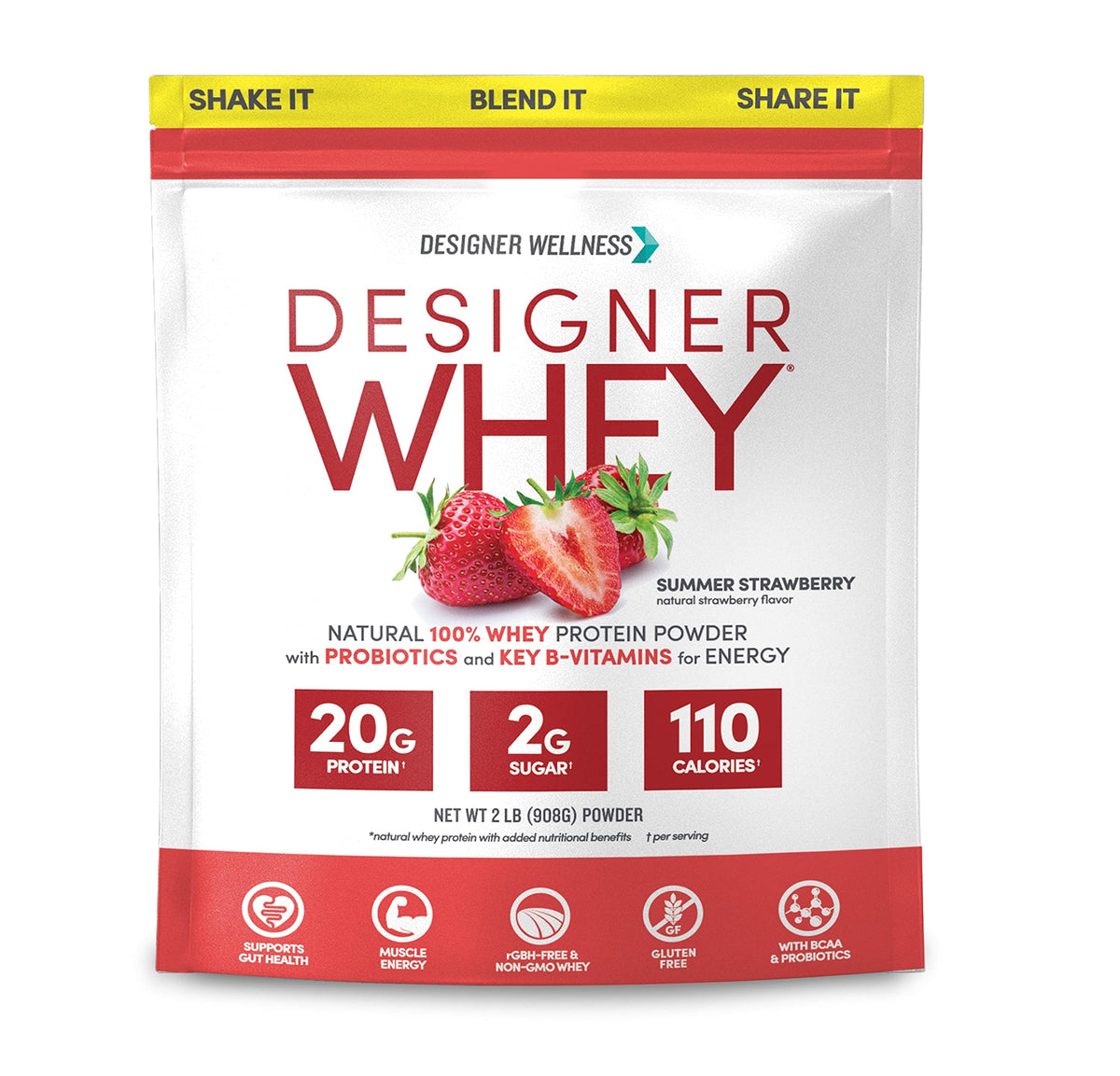 Designer Wellness Designer Whey envase sabor verano fresa para energía diaria.