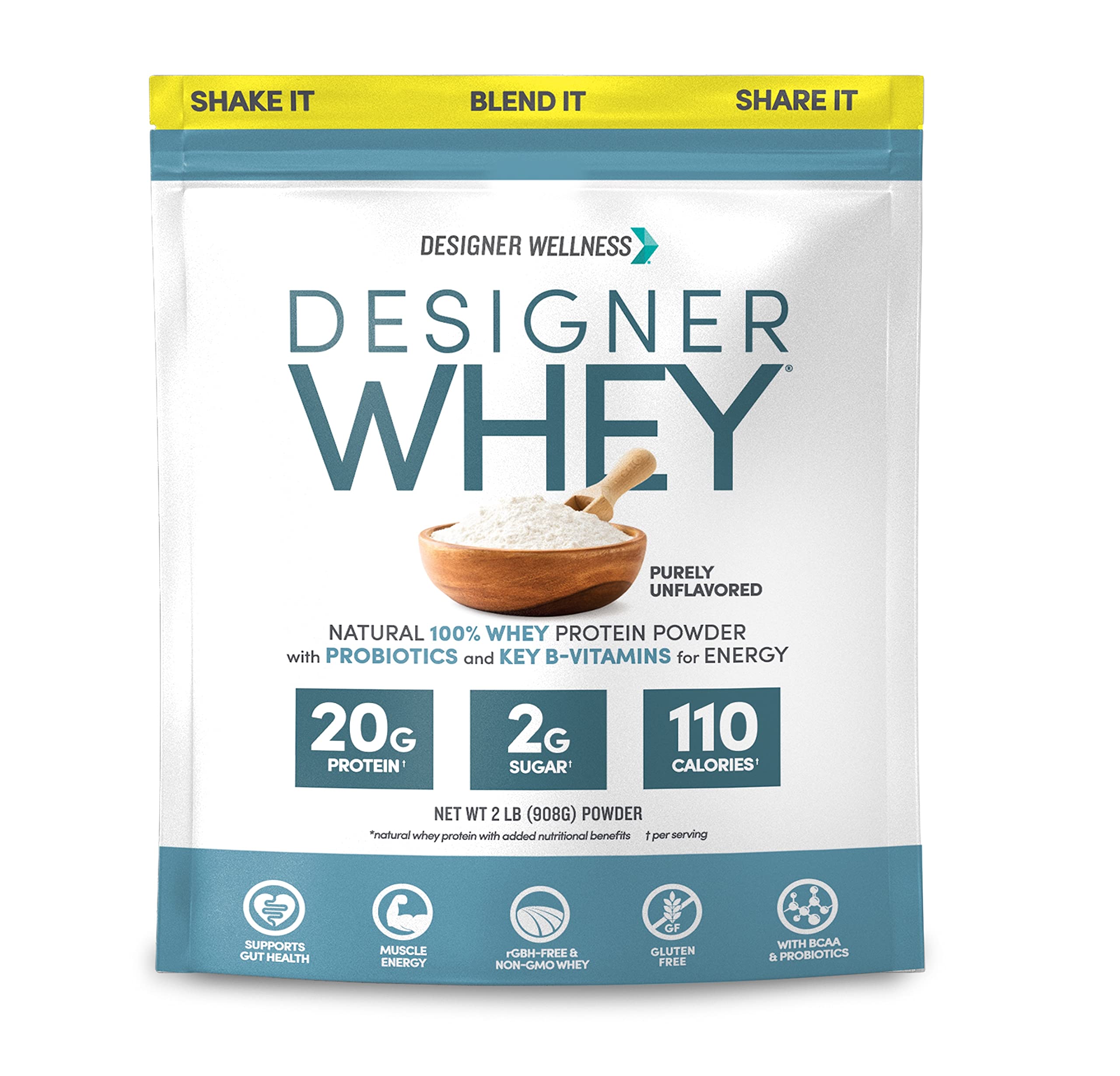 Envase de Designer Whey sin sabor, ideal para batidos diarios.