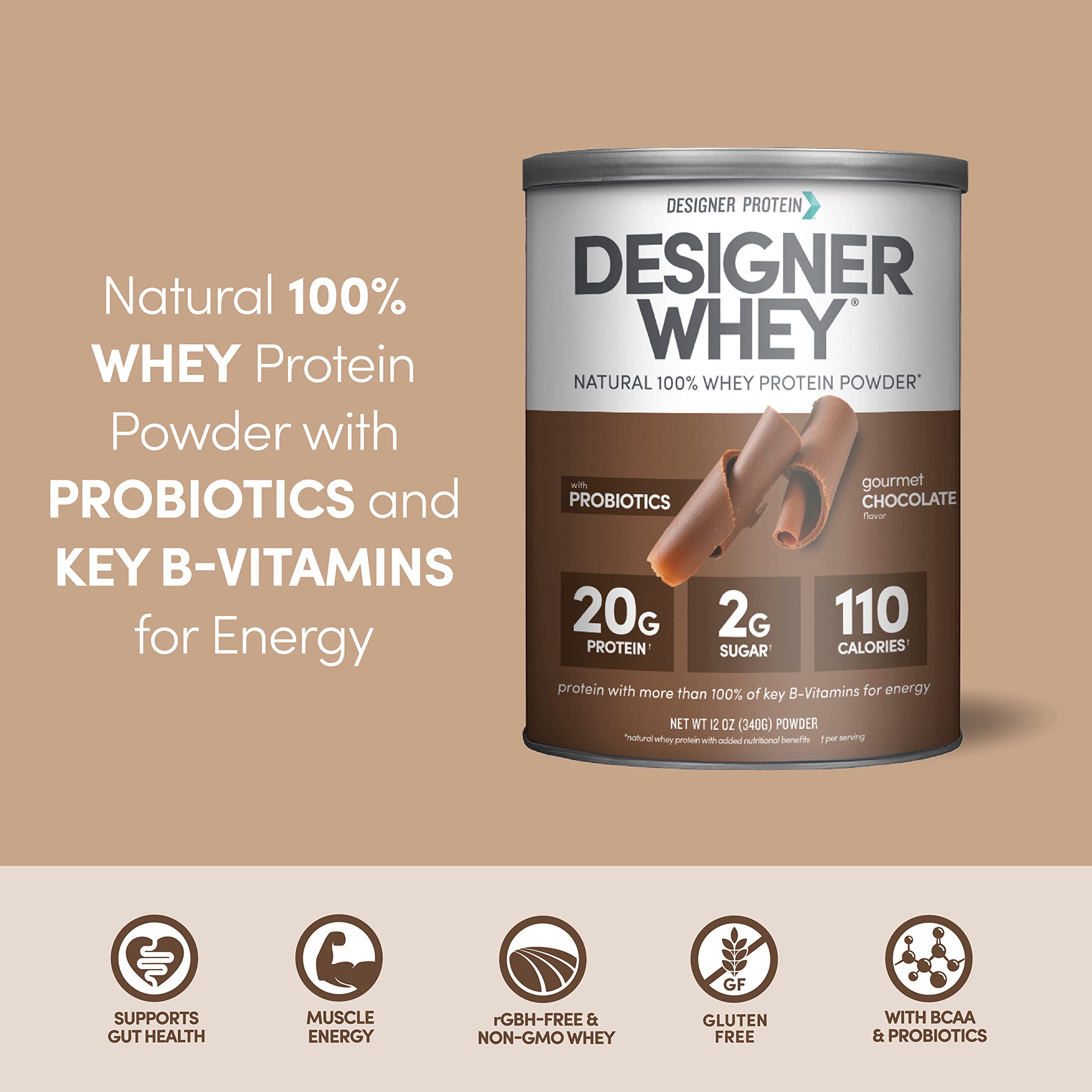 Designer Wellness Designer Whey, etiqueta nutricional para comparar calorías y nutrientes.