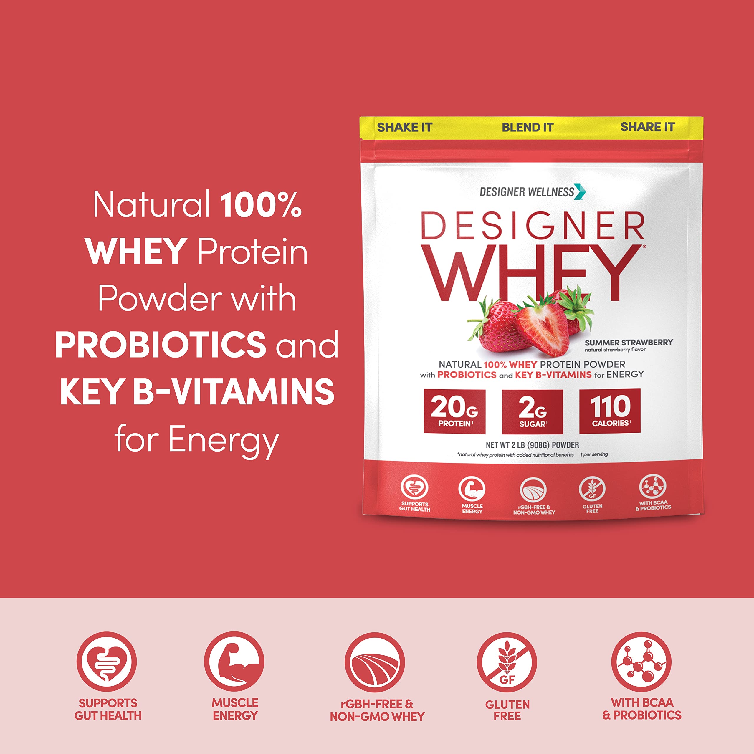 Designer Wellness Designer Whey etiqueta con probióticos para digestión saludable.