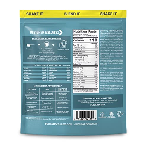 Etiqueta de Designer Whey sin gluten, destacando pureza y calidad.