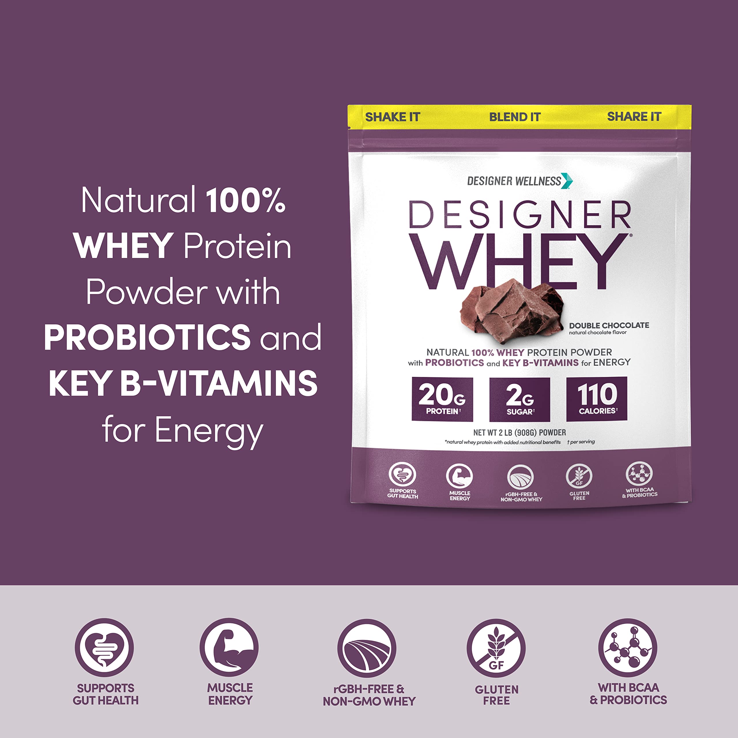 Designer Wellness Designer Whey con probióticos y fibra para digestión saludable.