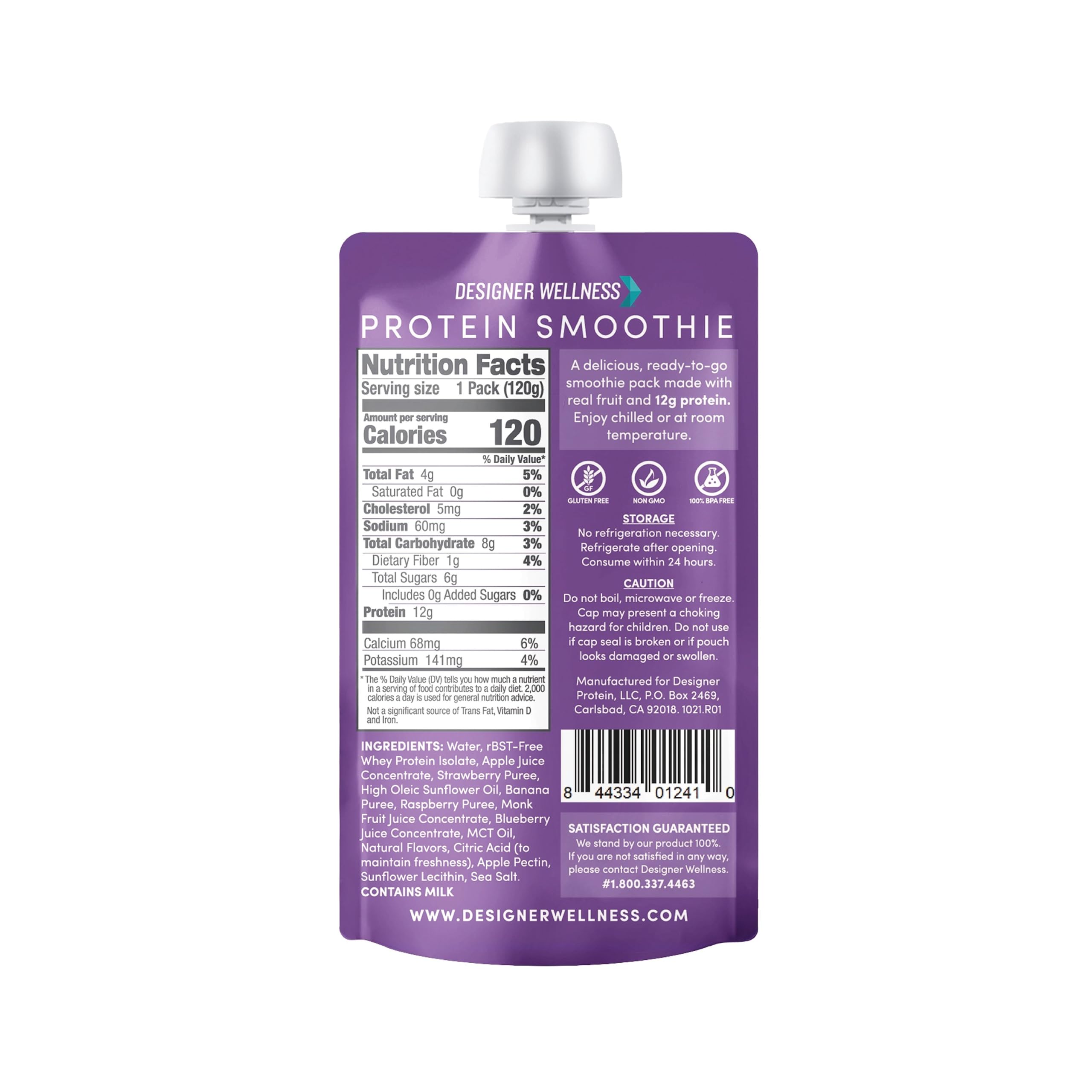 Envase portátil de Designer Wellness Smoothie, listo para consumir sin refrigeración.