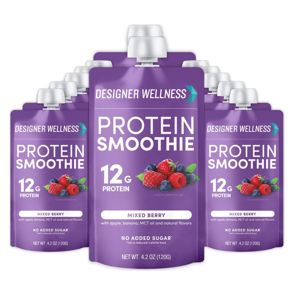 Designer Wellness Protein Smoothie, botella con mezcla de frutos rojos para energía diaria.