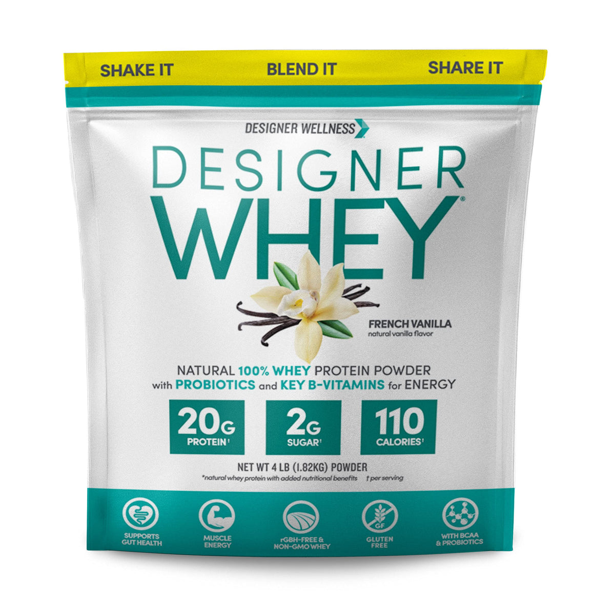 Proteína Designer Wellness Whey en botella, vertido para energía tras entrenar.
