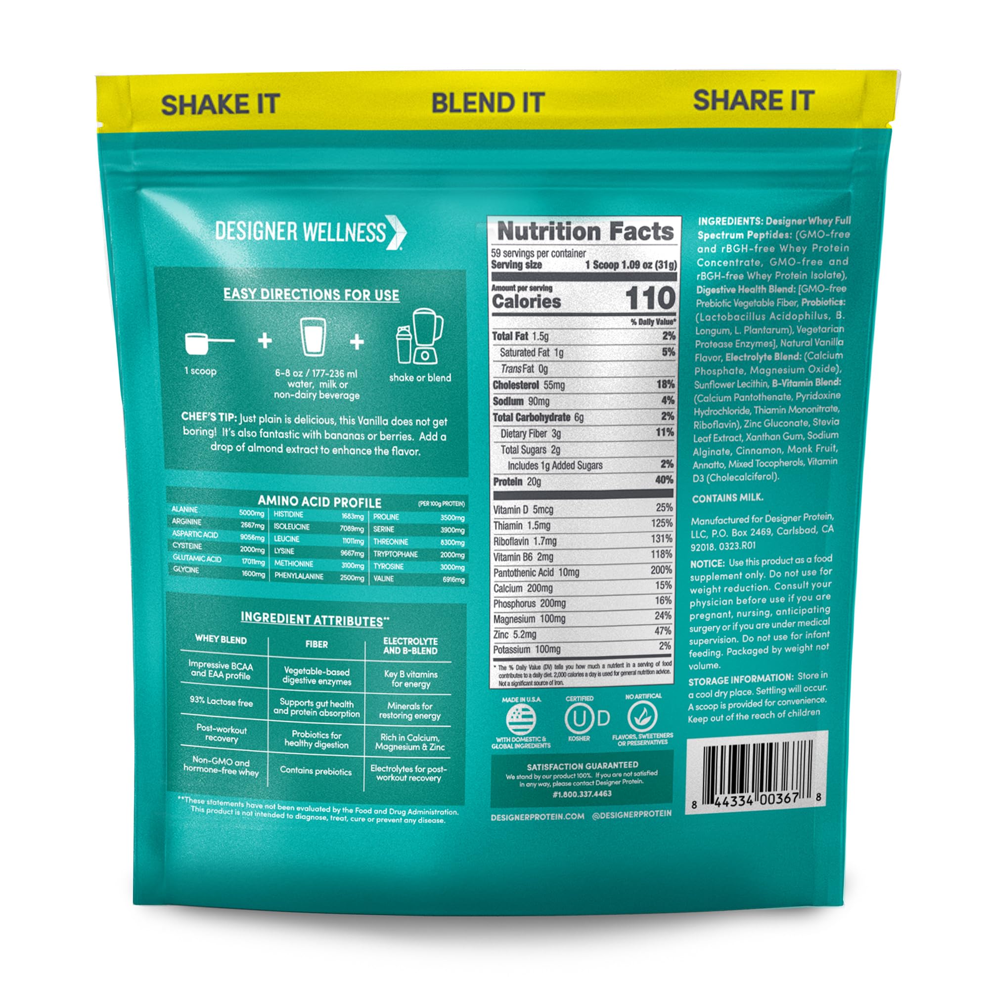 Etiqueta de Designer Wellness Whey con detalle de ingredientes y perfil proteico.