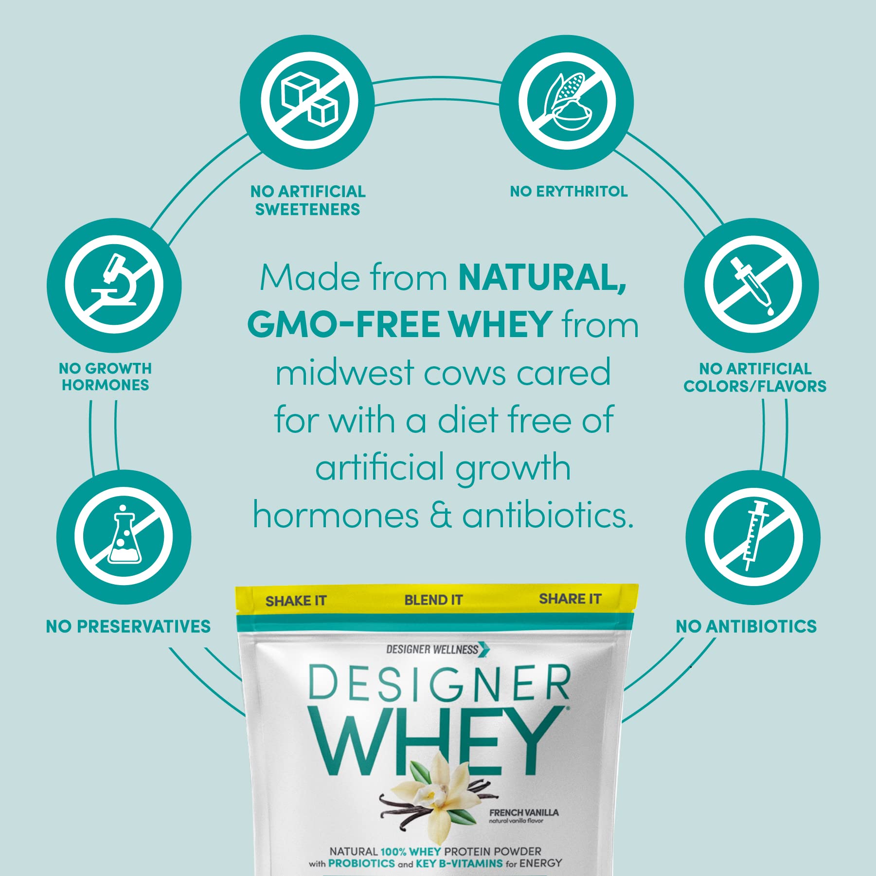 Ilustración de ingredientes de Designer Wellness Whey: proteína, prebióticos y probióticos.