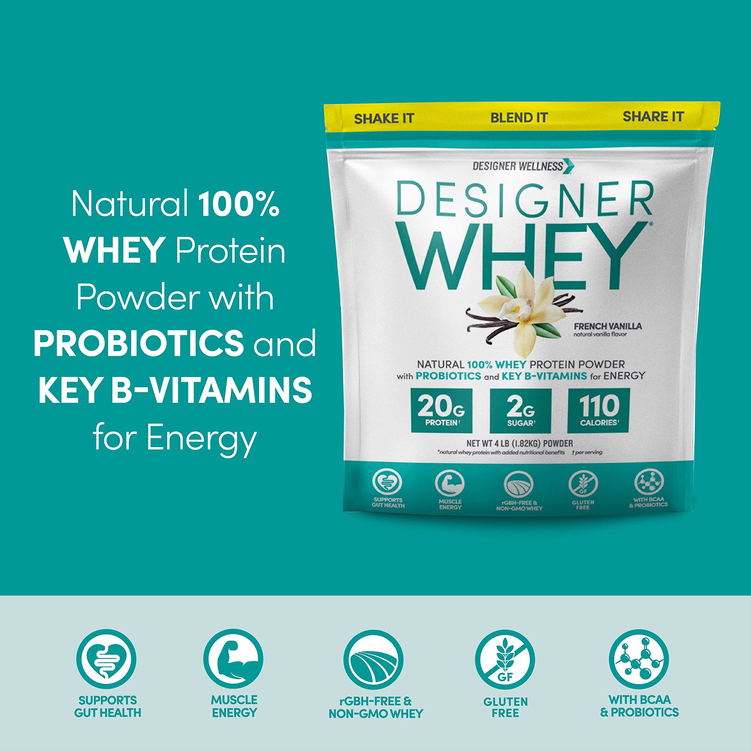 Shaker de Designer Wellness Whey preparando un batido suave y cremoso.