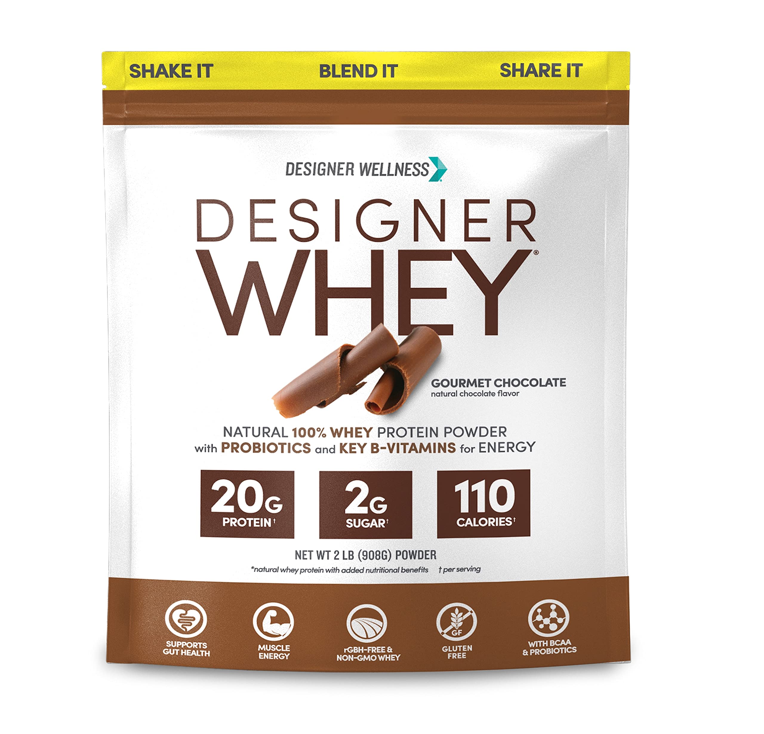 Designer Whey, bote de 2 libras, para apoyo diario de recuperación tras entrenar.