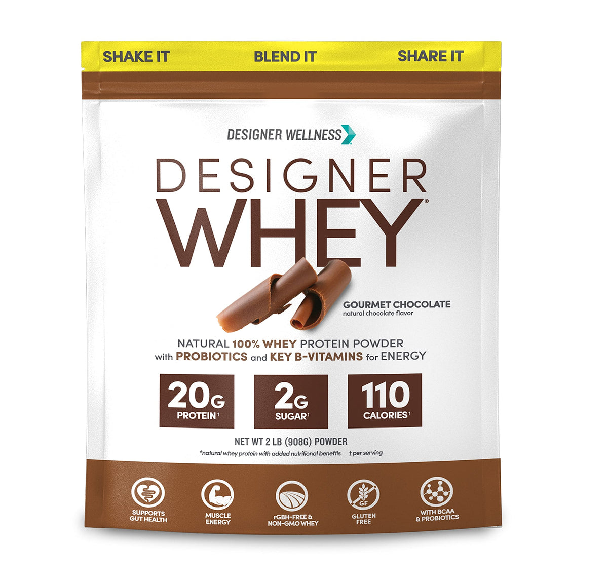 Designer Whey, bote de 2 libras, para apoyo diario de recuperación tras entrenar.