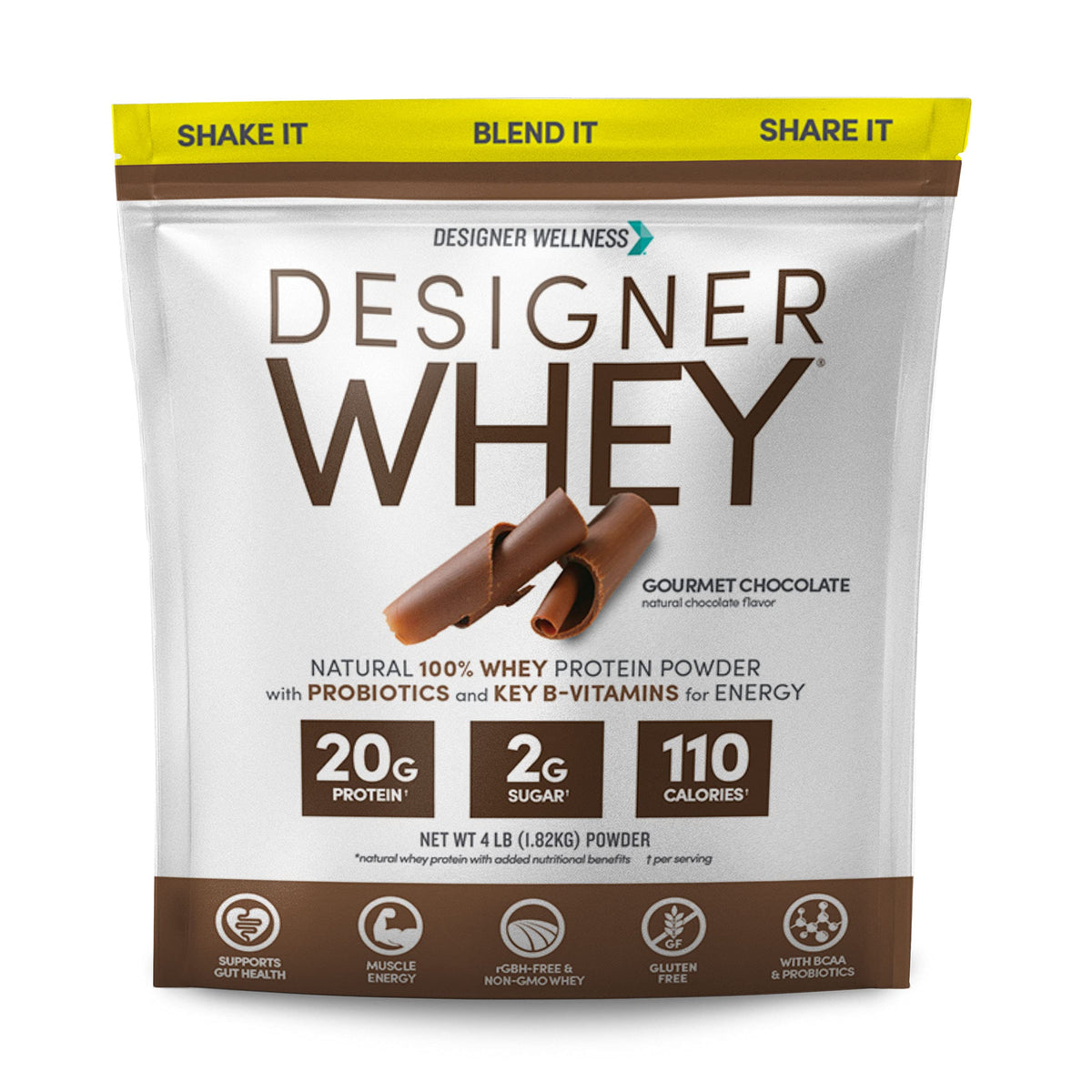 Designer Whey de Designer Wellness, envase 4lb para uso diario de proteína.