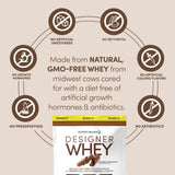 Designer Whey, etiqueta de ingredientes, destaca ausencia de colorantes y conservantes artificiales.