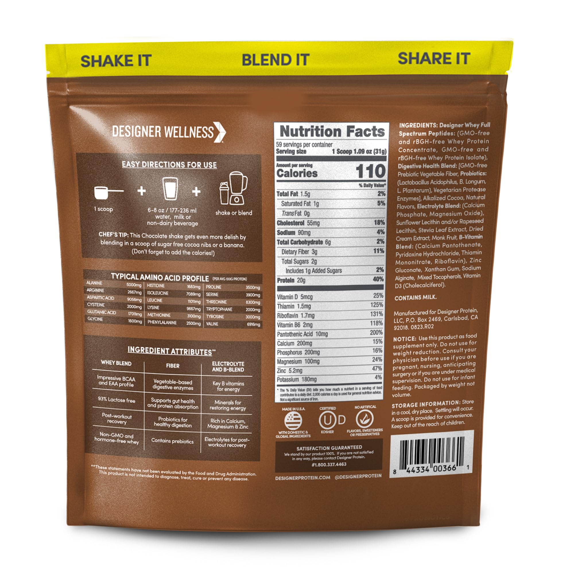 Designer Whey con probióticos y fibra para digestión saludable.