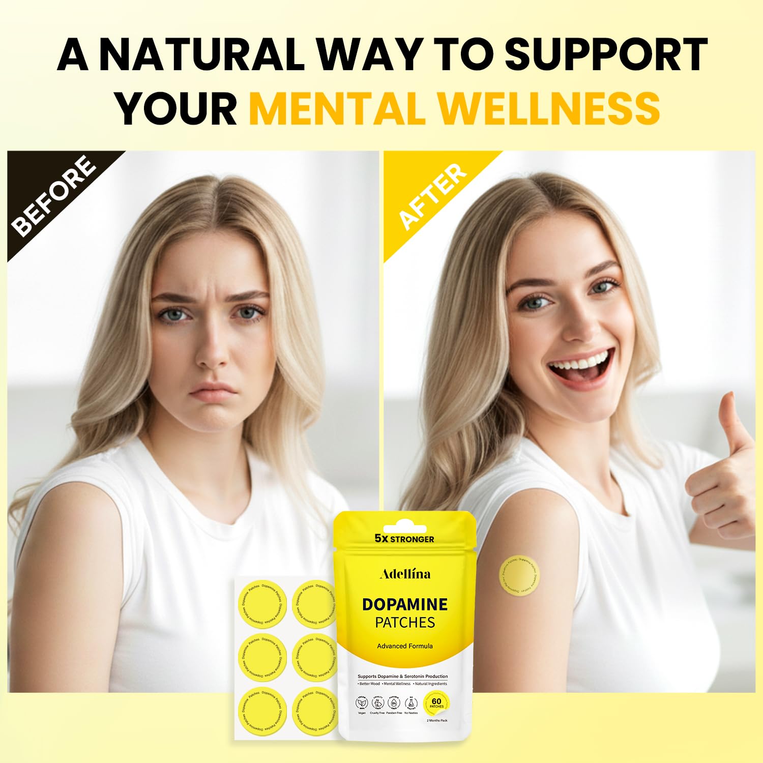Detalle de 5-HTP en Adellina Dopamine Patches para balance emocional.