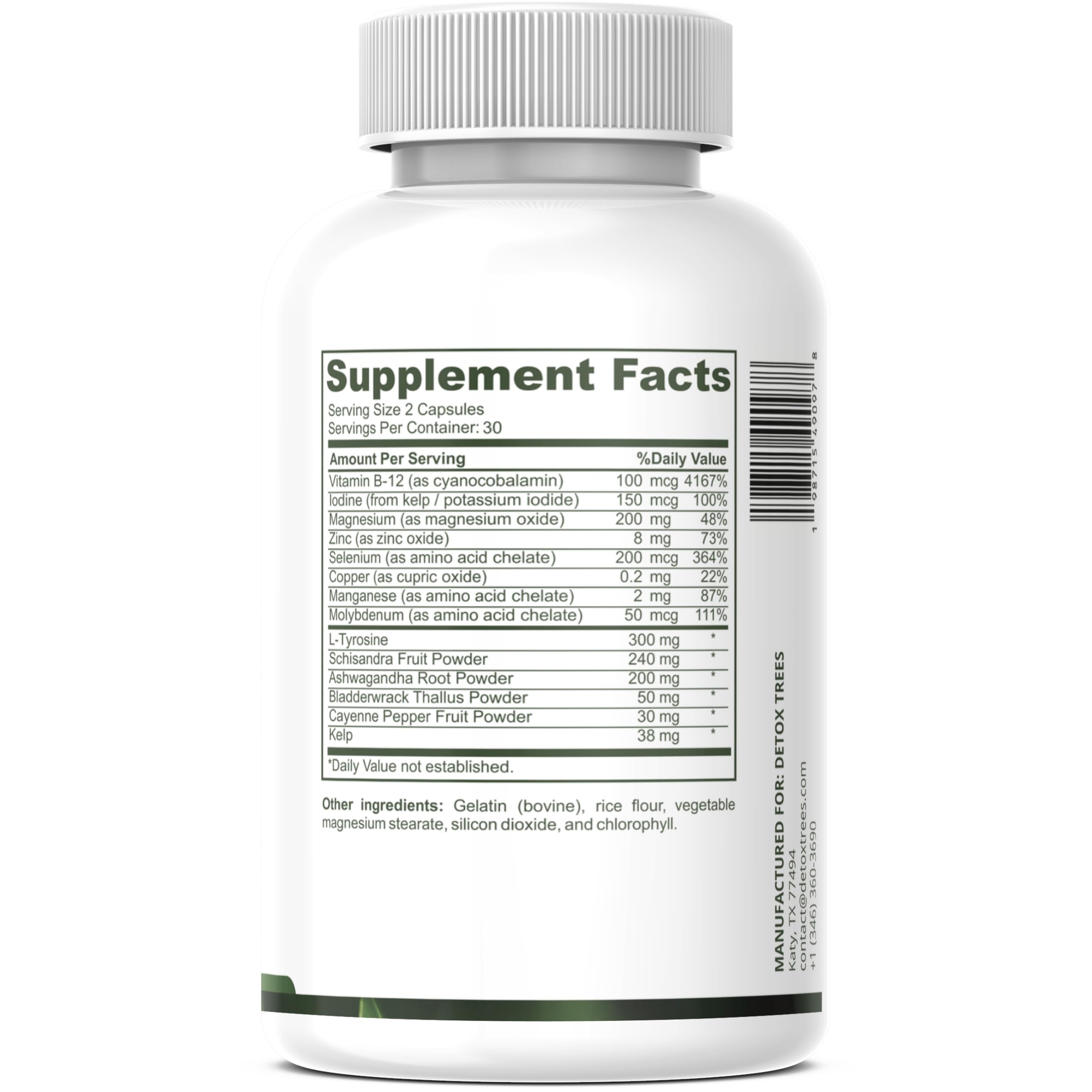Detox Trees Thyroid Health Formula, etiqueta cercana, indica equilibrio diario.