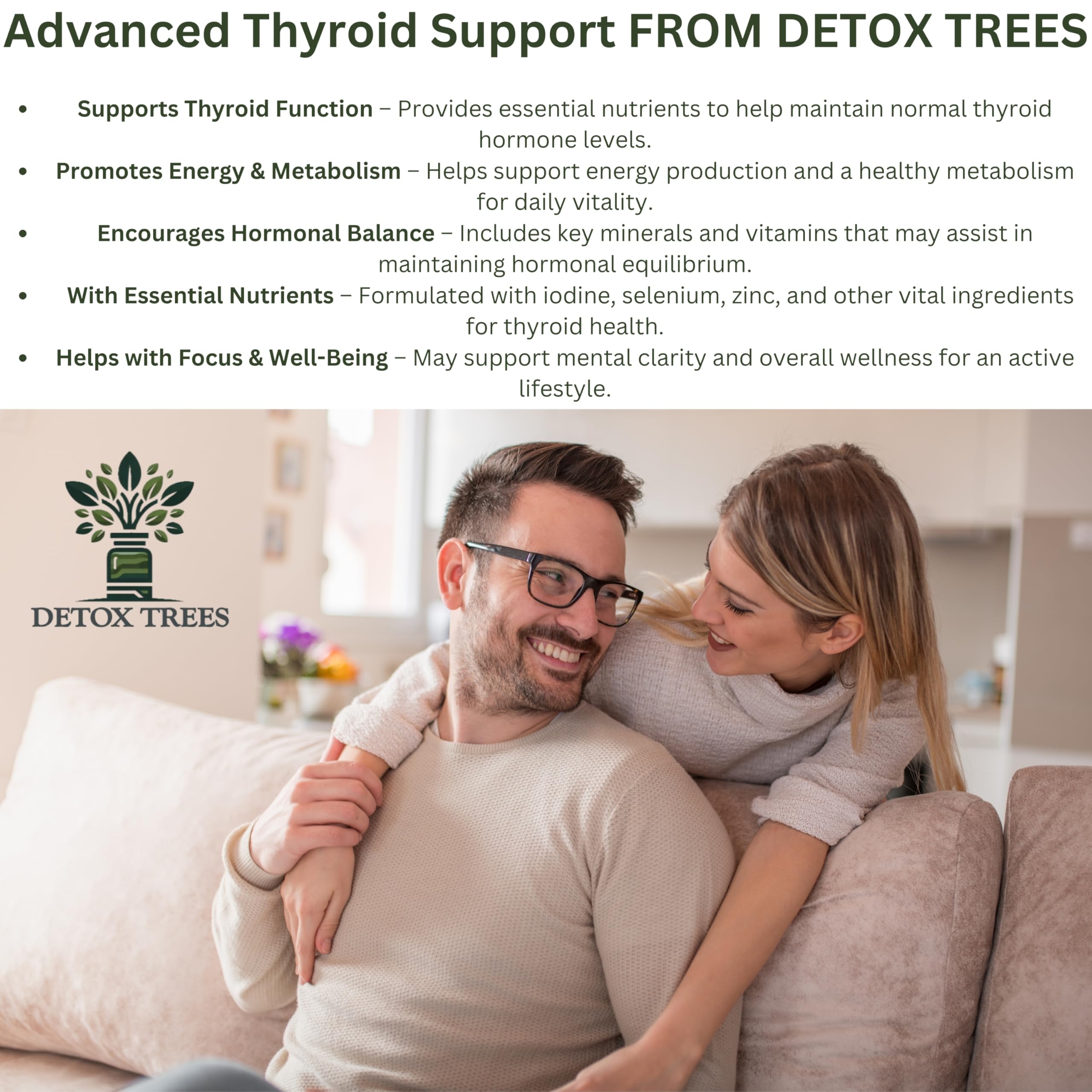 Detox Trees Thyroid Health Formula, frasco en mesa, recordatorio de hábitos diarios.