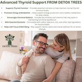 Detox Trees Thyroid Health Formula, frasco en mesa, recordatorio de hábitos diarios.