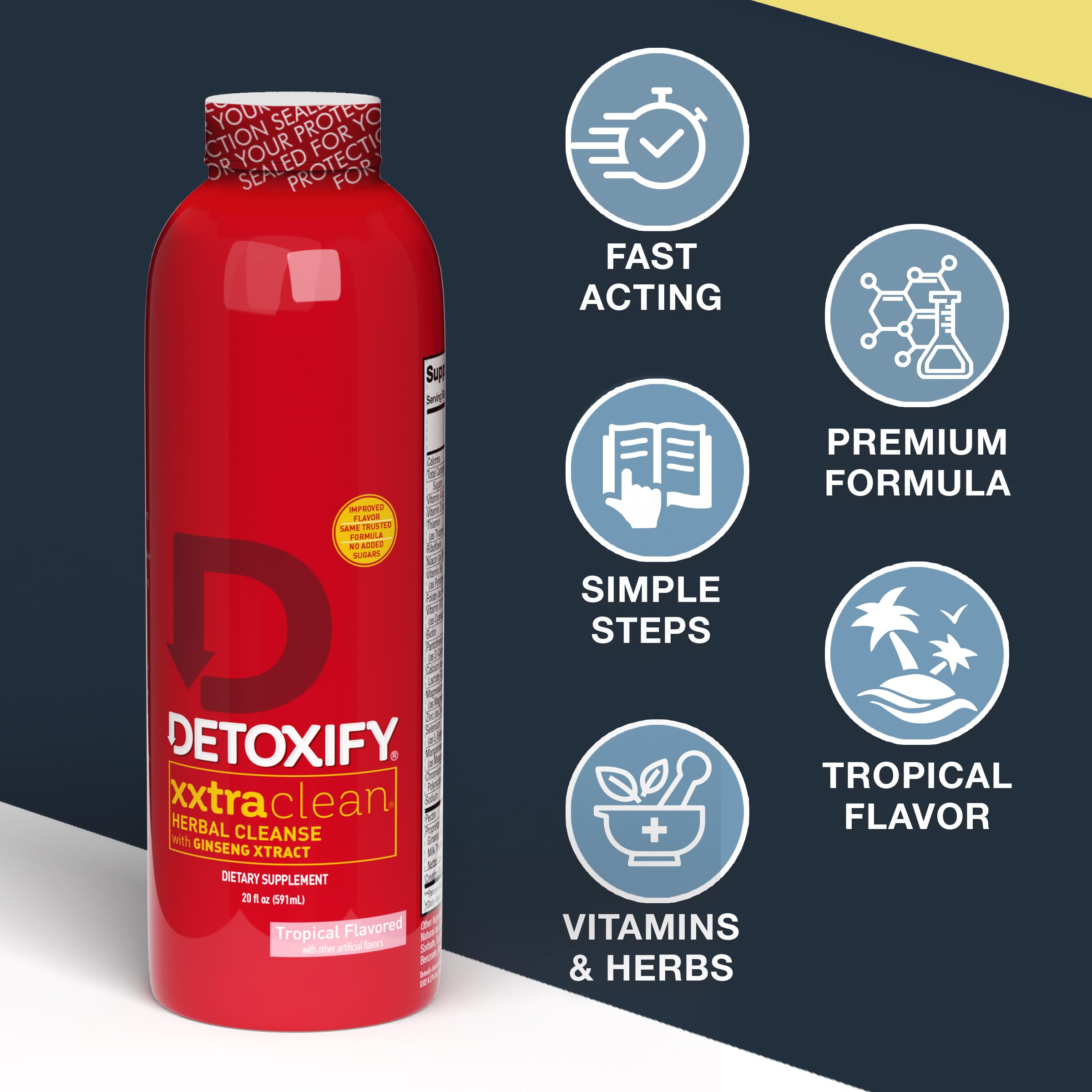 Detoxify XXtra Clean Herbal, sabor-fruta-tropical, disfruta un refresco sabroso durante el día.