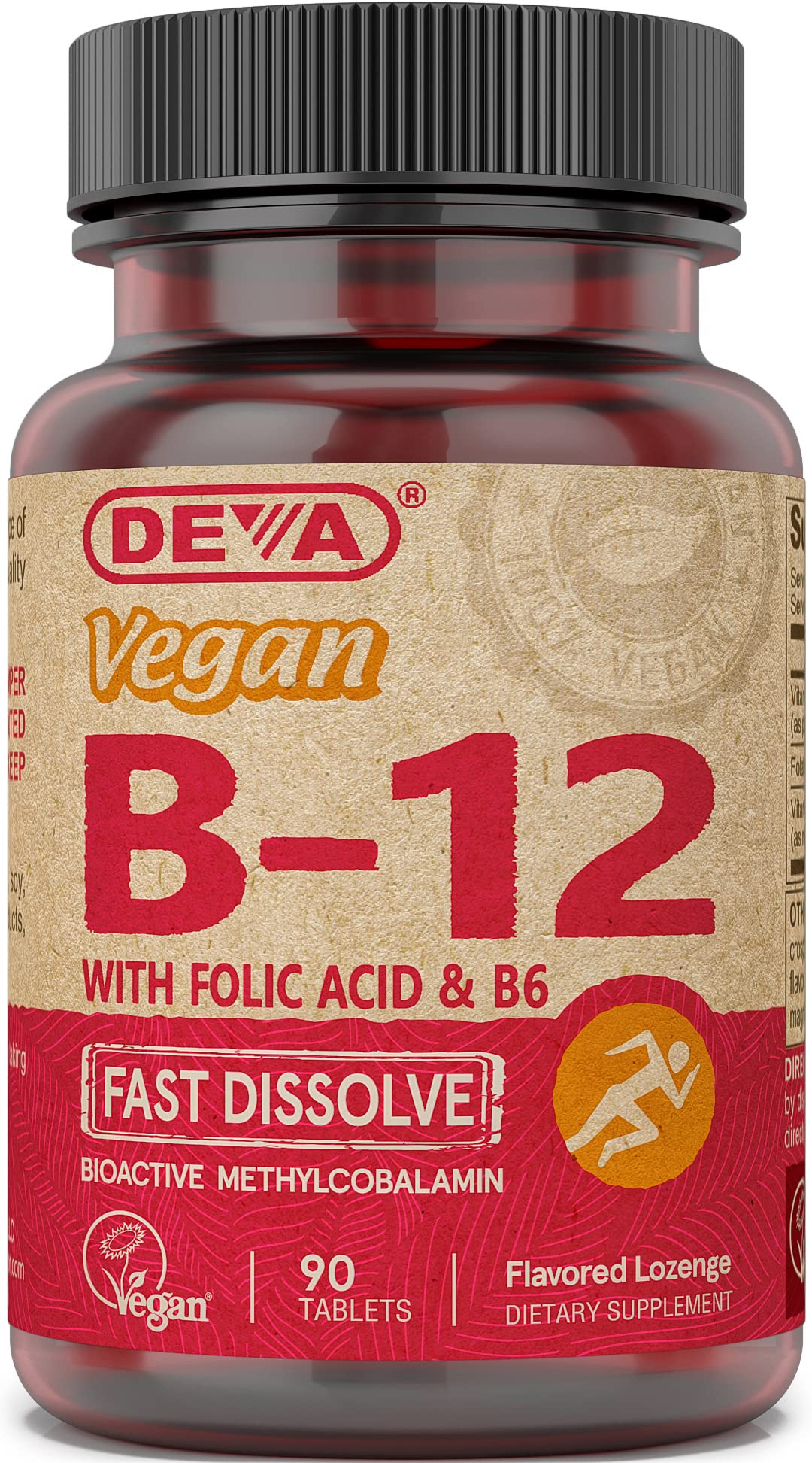 DEVA B12 front label on lemon flavor, vegan vitamin.
