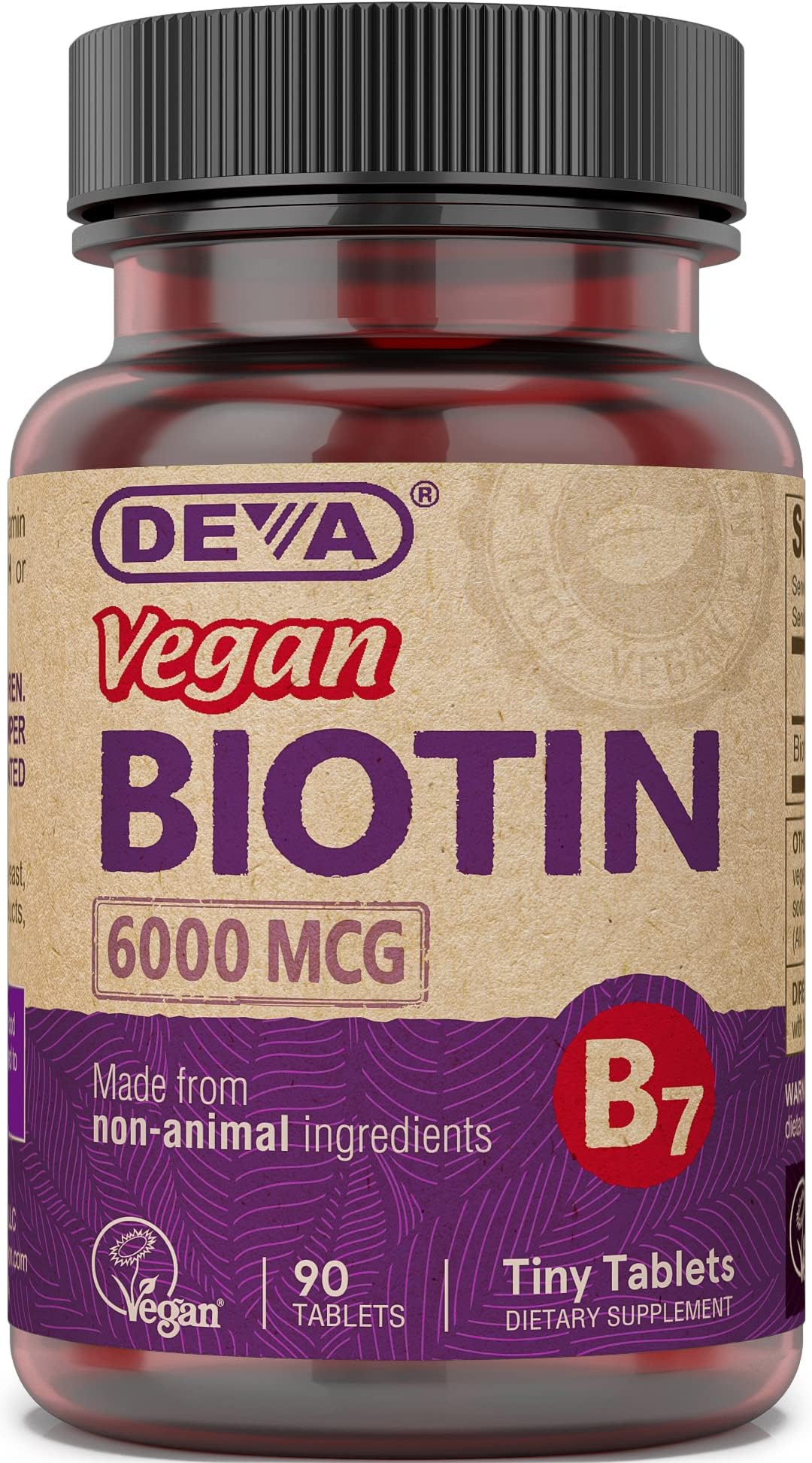 DEVA Biotina 6000 mcg, botella frontal, apoyo al metabolismo de carbohidratos.