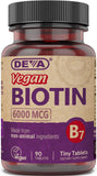 DEVA Biotina 6000 mcg, botella frontal, apoyo al metabolismo de carbohidratos.