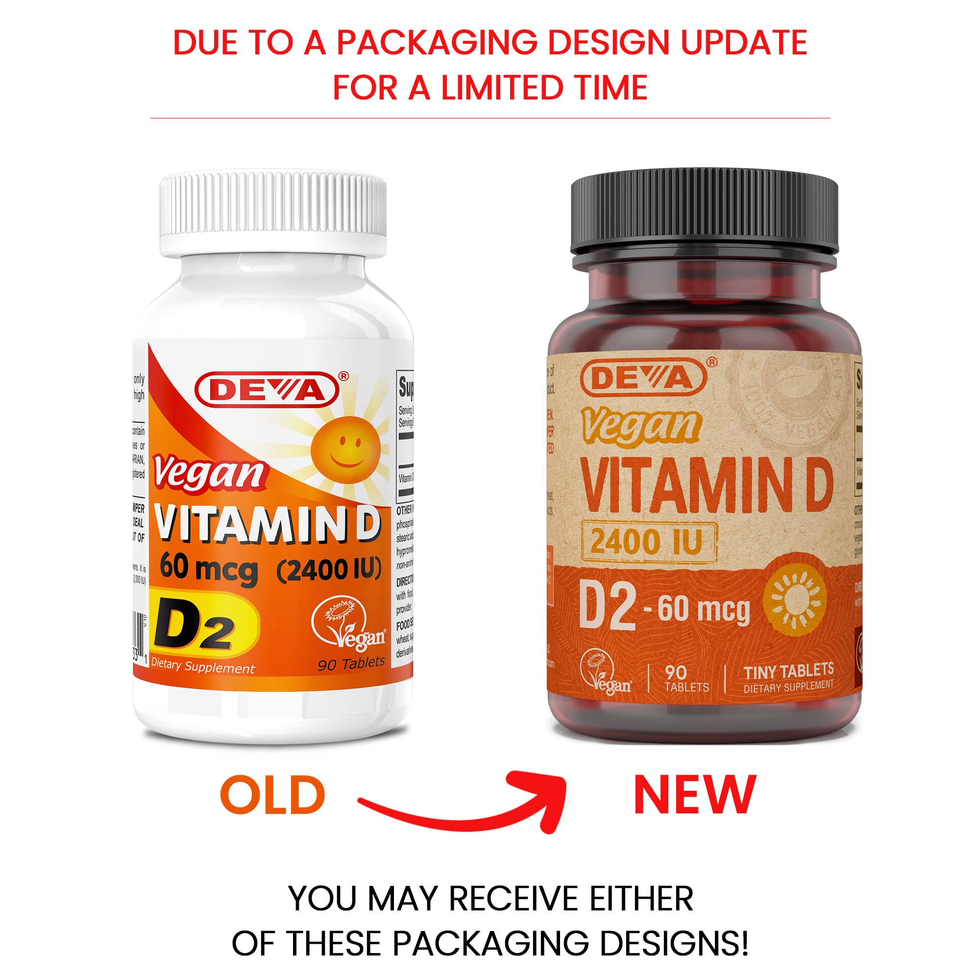 DEVA bote de Vitamina D2 visto desde el frente, fuente vegana