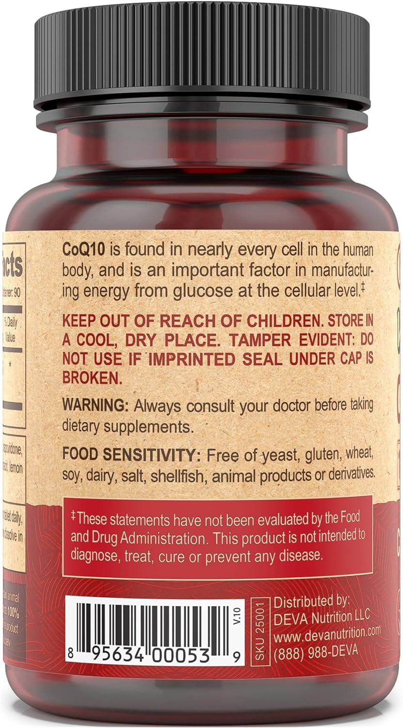 DEVA Coenzima Q10 etiqueta vegana en producto 100% vegano.