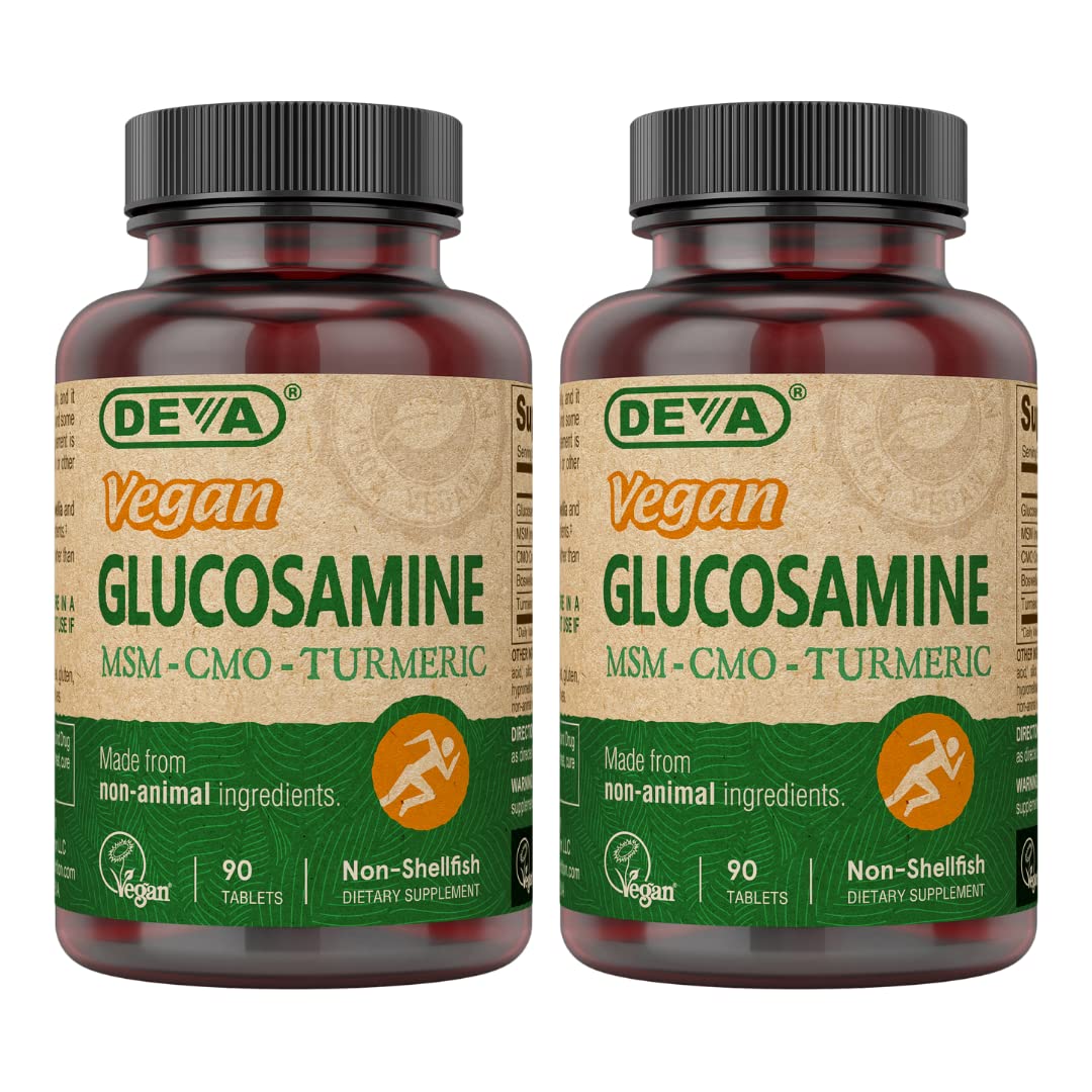 DEVA Glucosamina Vegana-MSM-CMO y Cúrcuma, envase apto para uso diario.