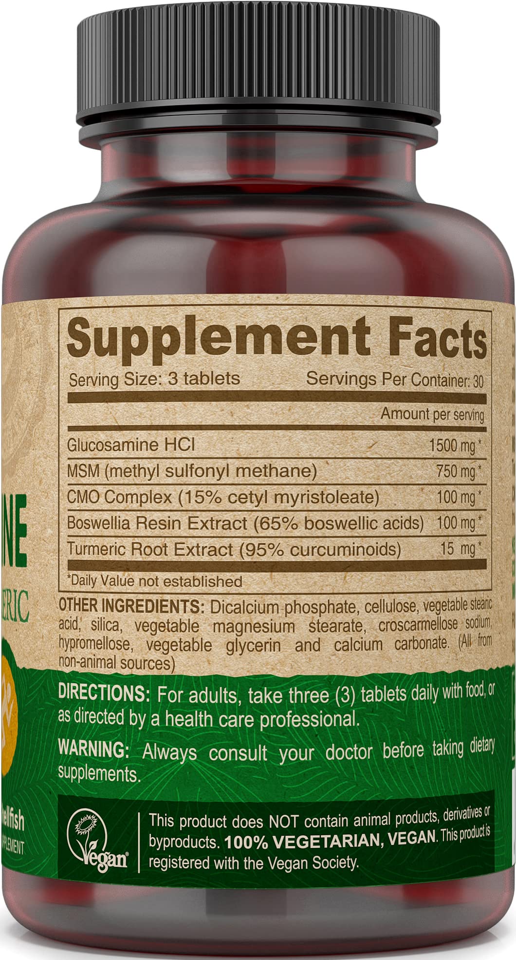 DEVA Glucosamina MSM CMO, frasco de 90 tabletas, etiqueta vegana certificada