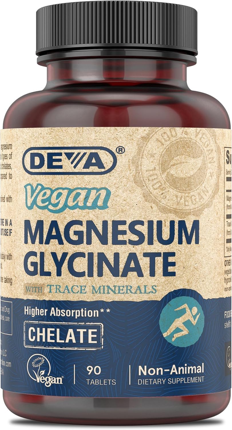 DEVA Magnesio Glicinato 300 mg, frasco frente, posible apoyo al bienestar diario.
