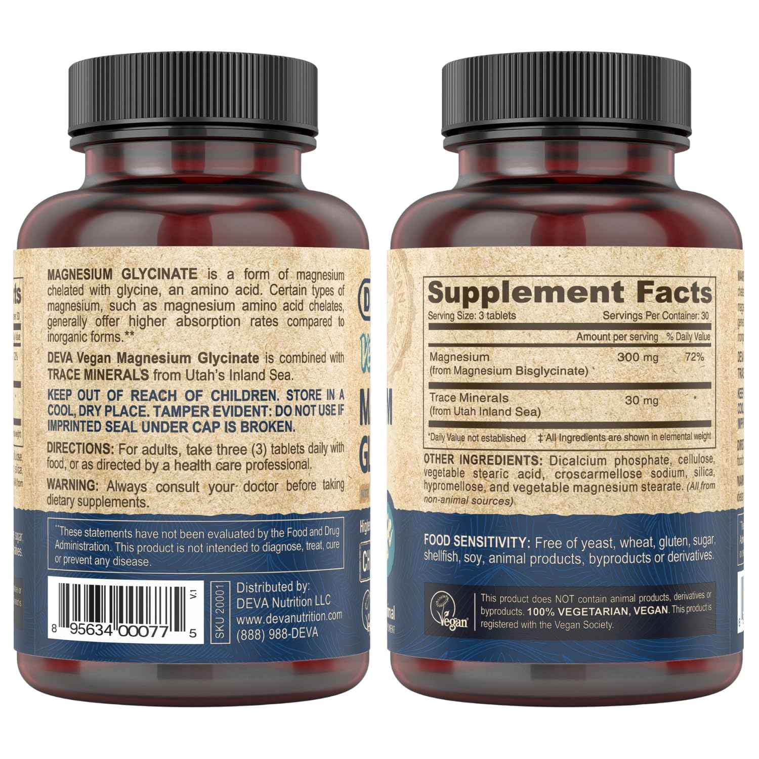 DEVA Magnesio Glicinato 300 mg, etiqueta detalle, muestra ingredientes y uso diario.